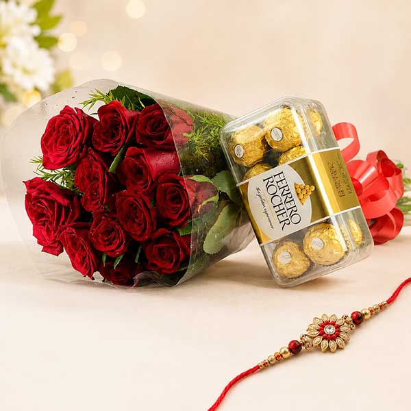 Flowers with Ferrero Rocher and Rakhi