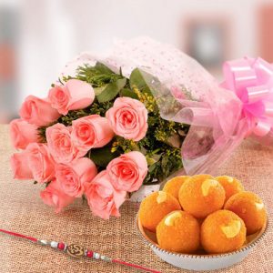 Flowers with Laddoo and Rakhi