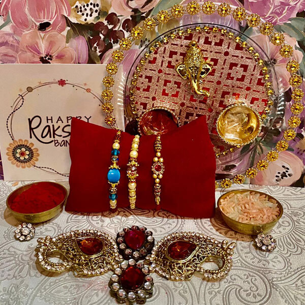 Thali with 3 Exotic Rakhis(Aus)