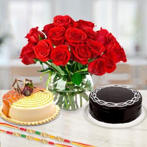 Rose with 2 Cakes & 2 Rakhis Express Delivery