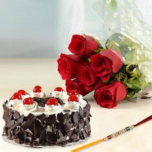 Roses with Black Forest Cake Rakhi Express Delivery