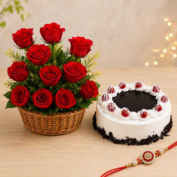 Roses with Black Forest Cake Rakhi Express Delivery