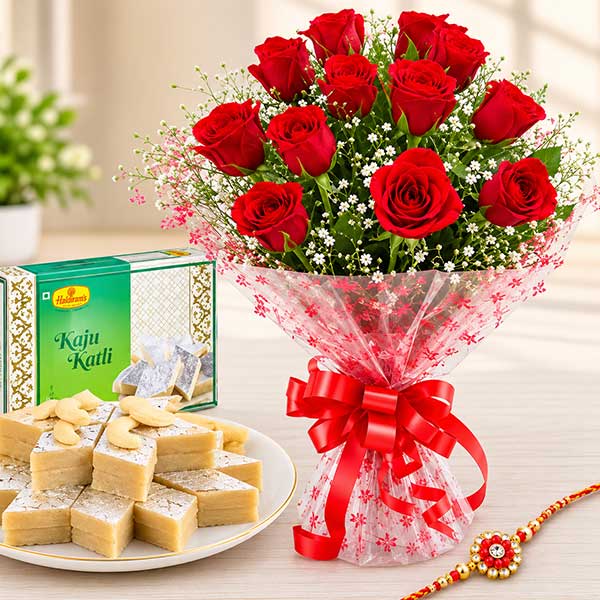 Roses with Kaju Barfi and 1 Rakhi