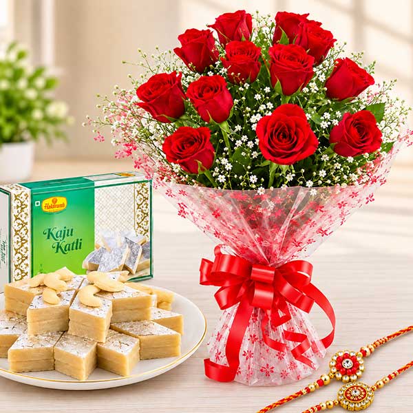 Roses with Kaju Barfi and 2 Rakhi Same Day Delivery