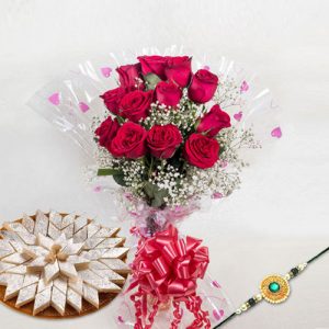 Roses with Kaju Barfi and Rakhi