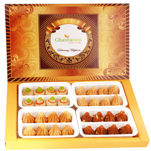 Big Box of Kaju, Milk Cake, Mysore Pak and Dodha Barfi Modaks