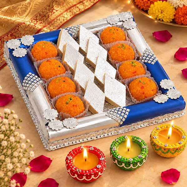 Diwali Mithai Tray with Diyas