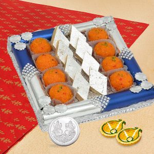 Diwali Mithai Tray with Silver Coin Diya