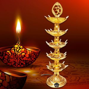 White 5 Layer LED Electric Diya Stand - Golden