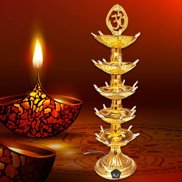 White 5 Layer LED Electric Diya Stand – Golden