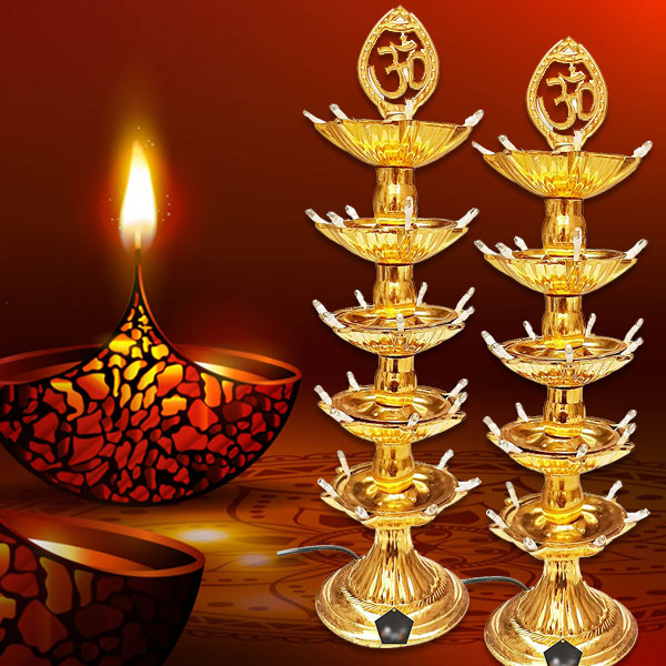 Set of 2 White 5 Layer LED Electric Diya Stand – Golden