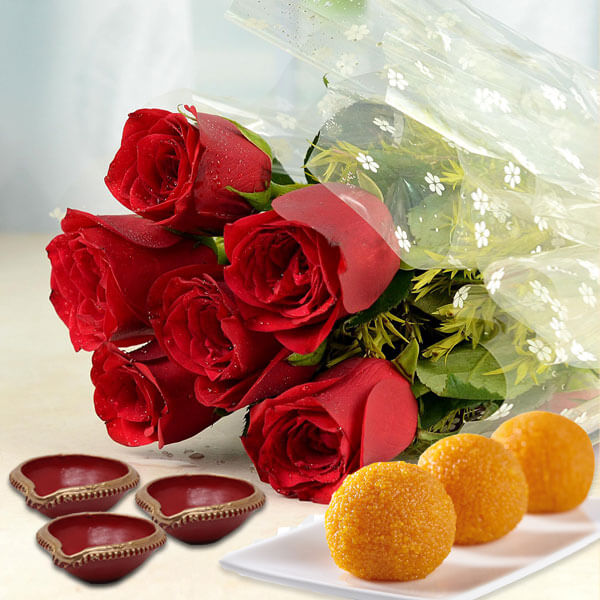 Roses with Diwali Laddu and Diyas