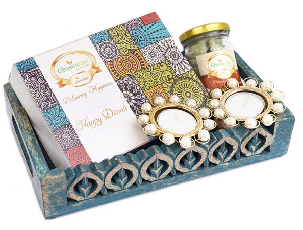 Blue Diwali Treat Tray with Wooden T-lites