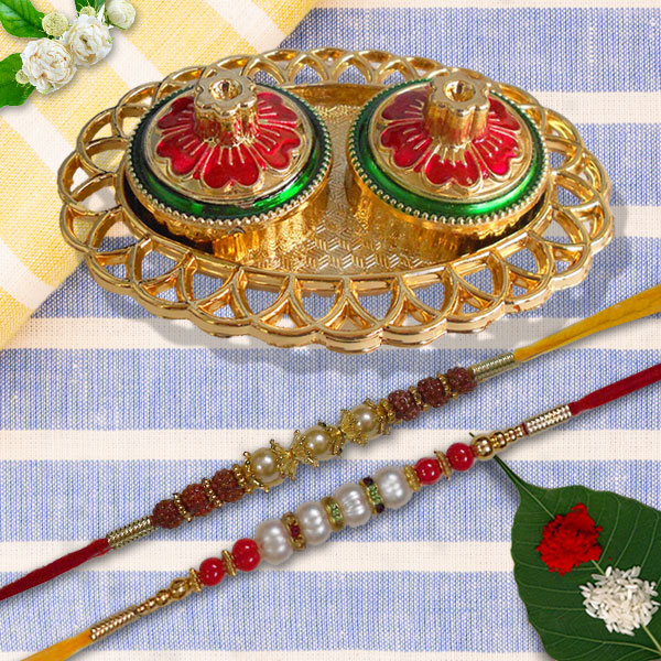 2 Pearl Rakhi with Cute Rakhi Pooja Thali