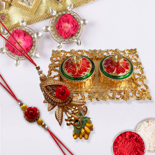 Golden Nakshi Rakhi Roli Chawal Tray with Rakhi Pair Set