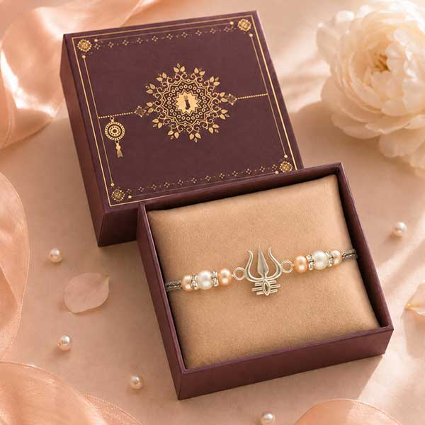 Trishul Pearl Silver Rakhi Bracelet