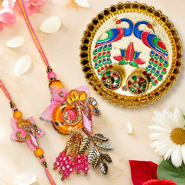 Peacock Rakhi Pooja Thali with Zardoshi Rakhi Pair