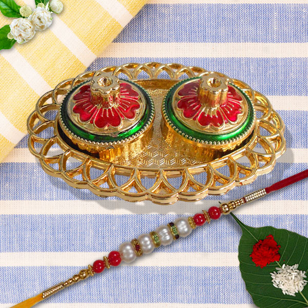 Pearl Rakhi with Roli Chawal Rakhi Pooja Thali