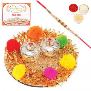 Designer Rakhi Pooja Thali With Pearl Rakhi With 200 gms of Kaju katli