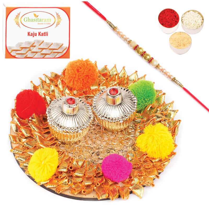 Designer Rakhi Pooja Thali With Pearl Rakhi With 200 gms of Kaju katli