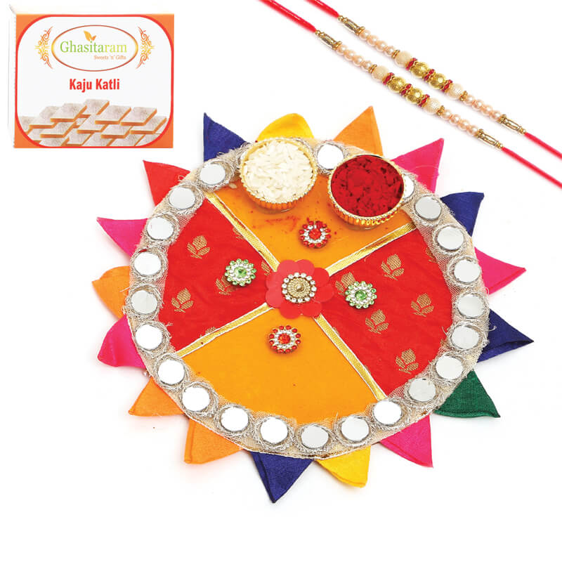 Glorious Rakhi Pooja Thali With 2 Pearl Rakhis with 200 gms of Kaju Katli Sweets