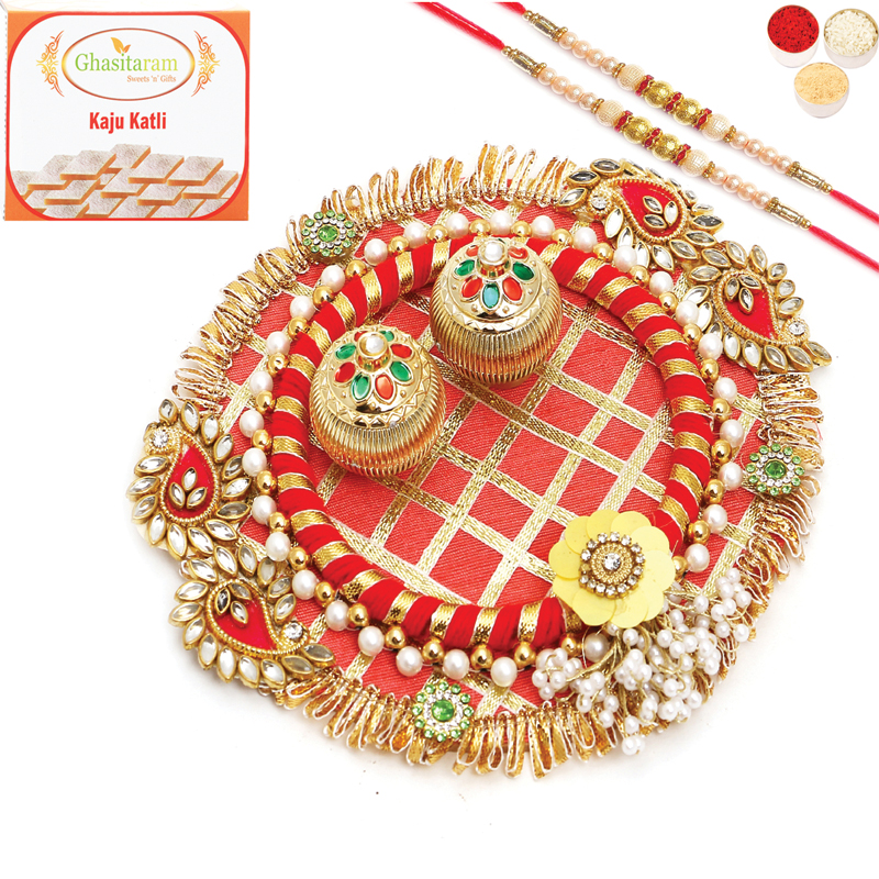 Vibrant Rakhi Pooja Thali With 2 Pearl Rakhis with Kaju Katli