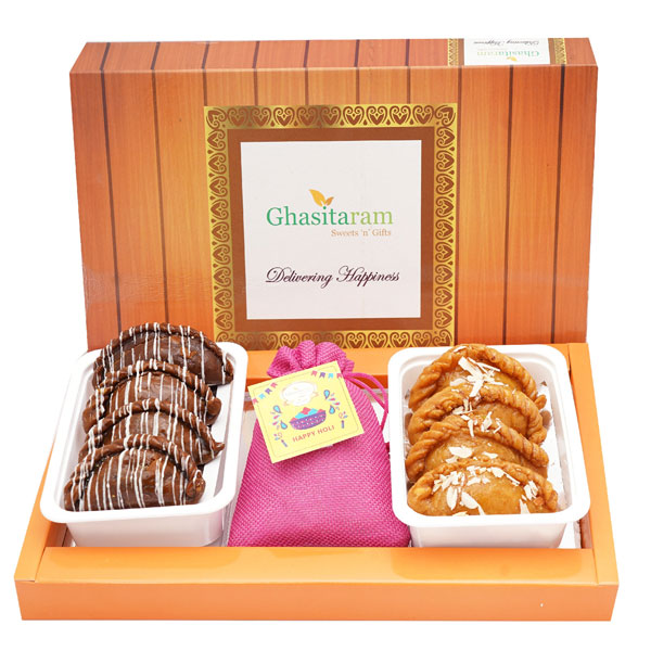 Assorted Holi Gift Box of Chocolate Gujiyas and Thandai