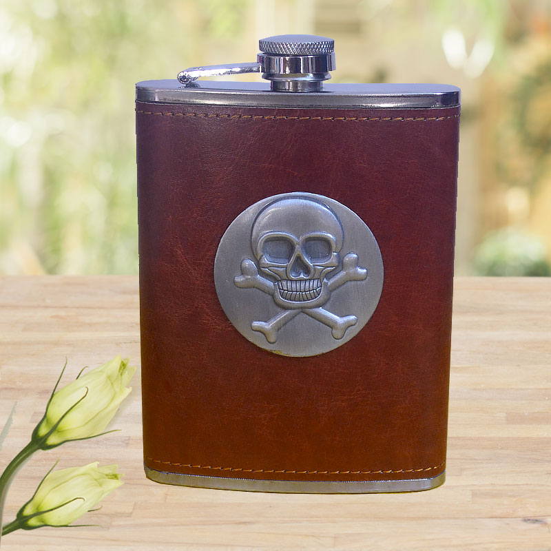 Leather Wrapped Stainless Steel Pocket Liquor Hip Flask for Men