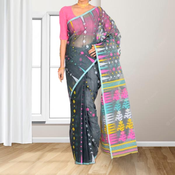 Grey Dhakai Jamdani Cotton Saree