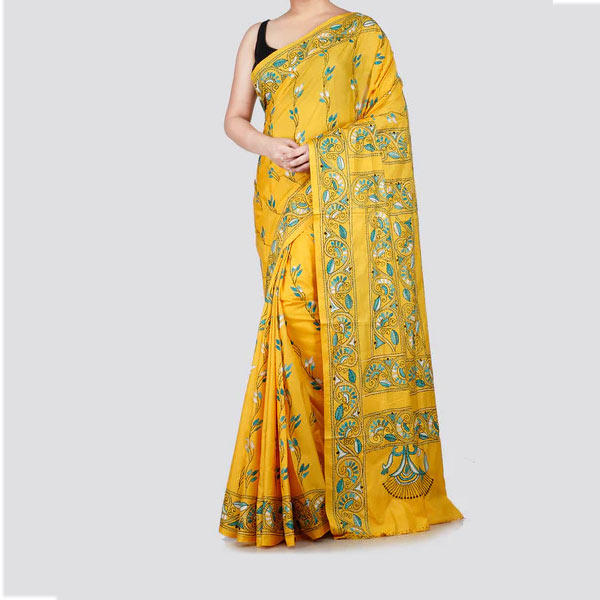 Yellow Katha Stitch Traditional Indian Designer Silk Saree