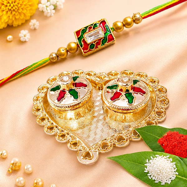 Heart Shaped Roli Chawal Tray with Minakari Rakhi