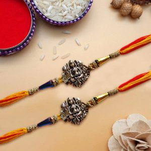 Maha Laxmi Oxidised Silver Rakhi Set of 2