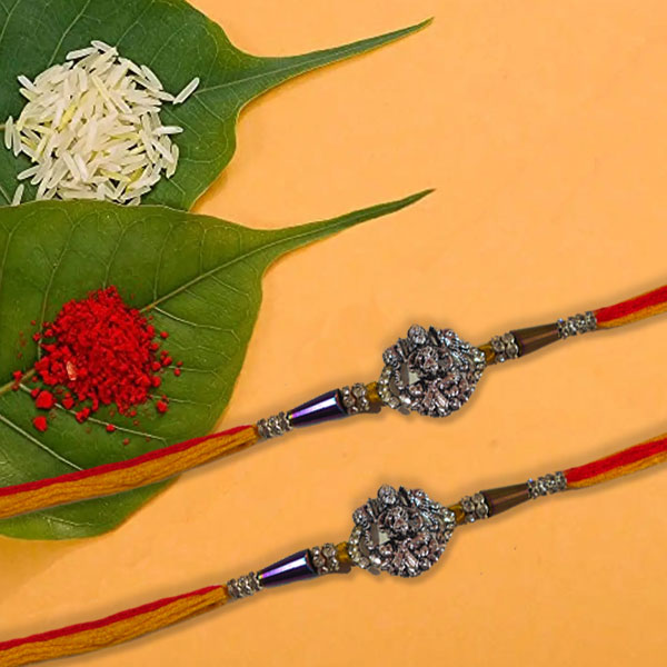 Maha Laxmi Oxidised Silver Rakhi Set of 2