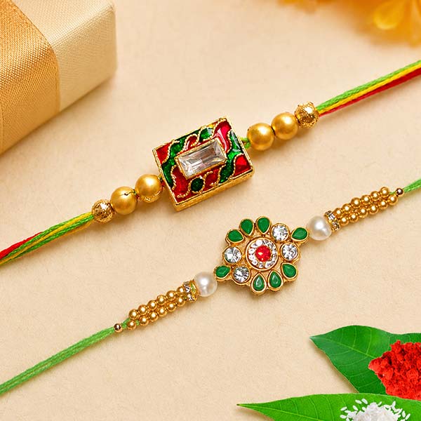 Mina Rakhi and Kundan Flower Rakhi Set