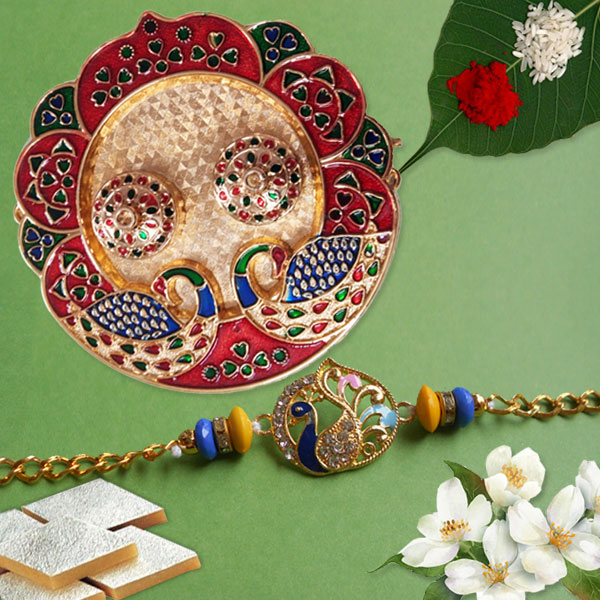 Minakari Mayur Rakhi Thali with Metal Mayur Bracelet Rakhi and Kaju Katli