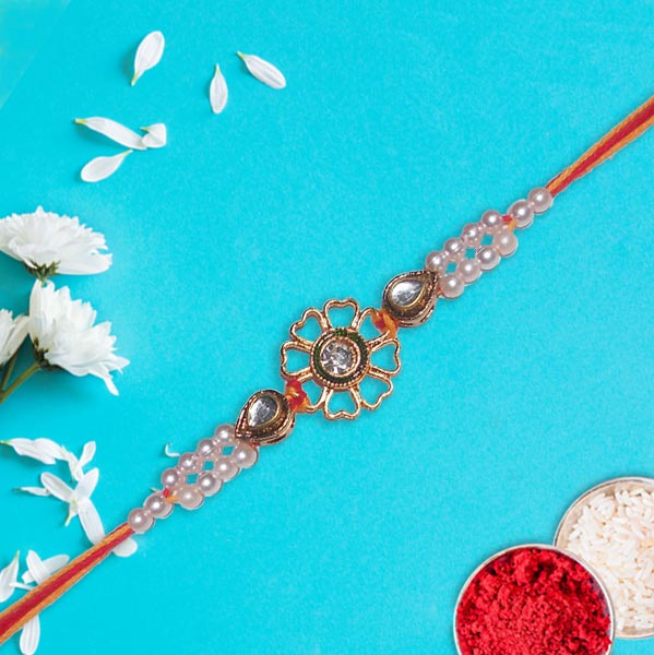 Sleek Golden Floral Pearl Beads Rakhi