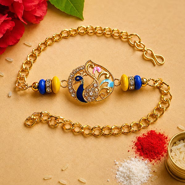Striking Peacock Golden Bracelet Rakhi