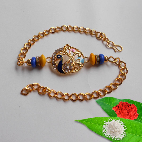 Striking Peacock Golden Bracelet Rakhi