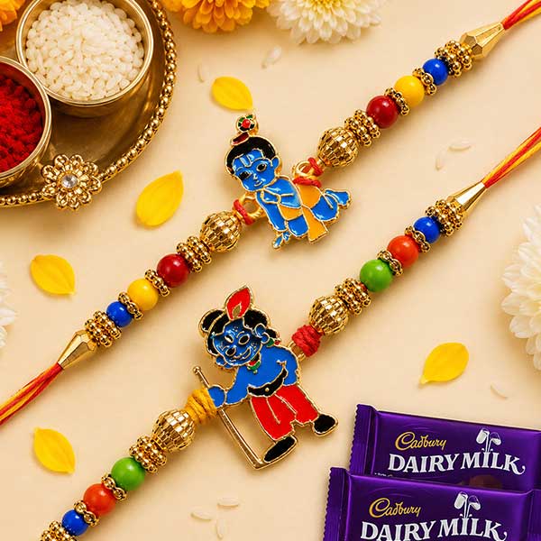 2 Kids Krishna and Gopal Metal Rakhi with 2 Chocolates