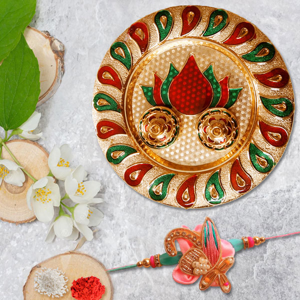 Lotus Rakhi Pooja Thali with Boutique Designer Rakhi