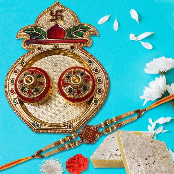 Mangal Kalash Rakhi Pooja Thali with Shree Rakhi and Kaju Barfi