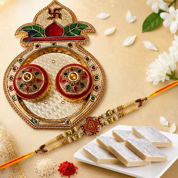 Mangal Kalash Rakhi Pooja Thali with Shree Rakhi and Kaju Barfi