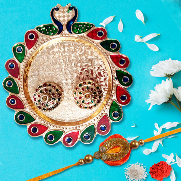 Royal Peacock Rakhi Pooja Thali with Zardoshi Rakhi