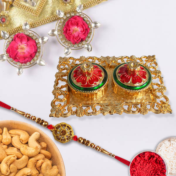 Unique Rakhi Pooja Thali With Stone Rakhi and Roasted Cashew