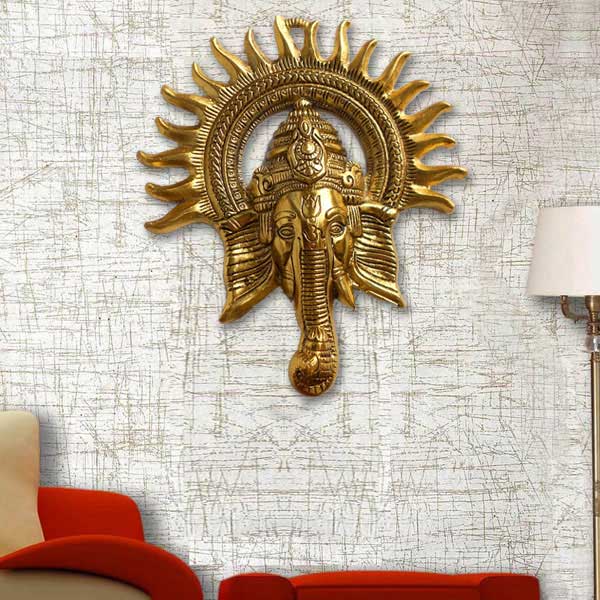 Sun Sri Ganesha Golden Metal Wall Hanging