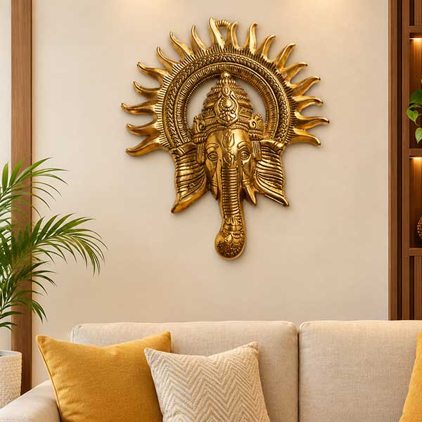 Sun Sri Ganesha Golden Metal Wall Hanging