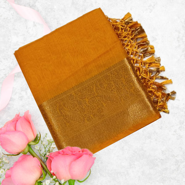 Orange Designer Lenin Silk Saree