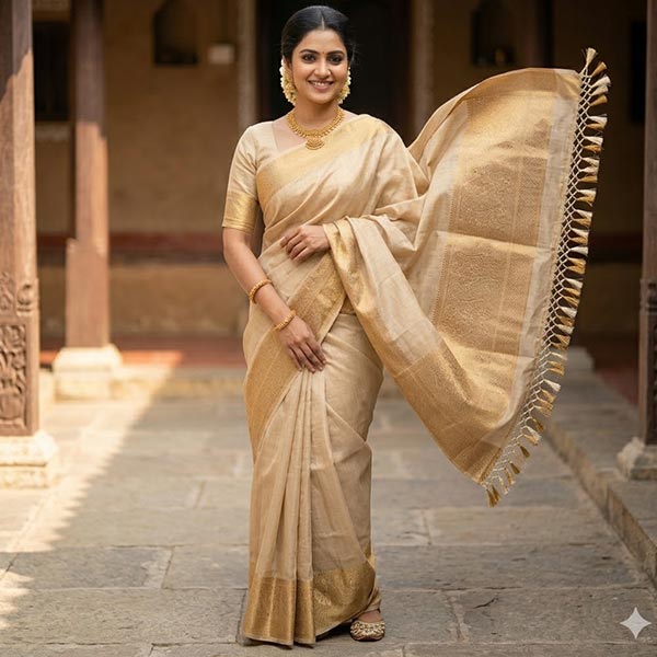 Golden Cream Colour Silk Saree