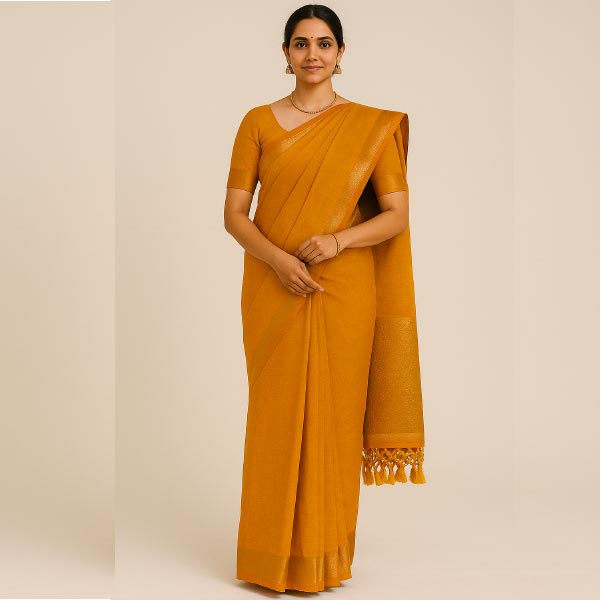 Orange Designer Lenin Silk Saree