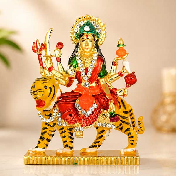 Metal Stone Studded Goddess Ambe Sherawali Maa Idol